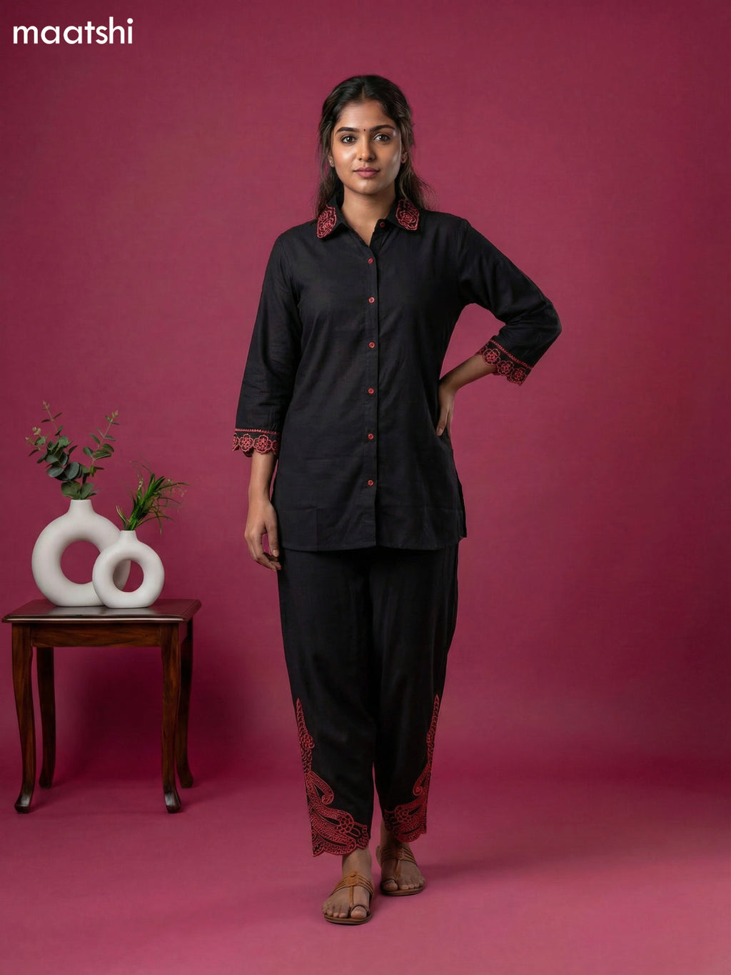 Black and Peach Shade Cotton Simple Embroidery Work Short Co-Ord Set