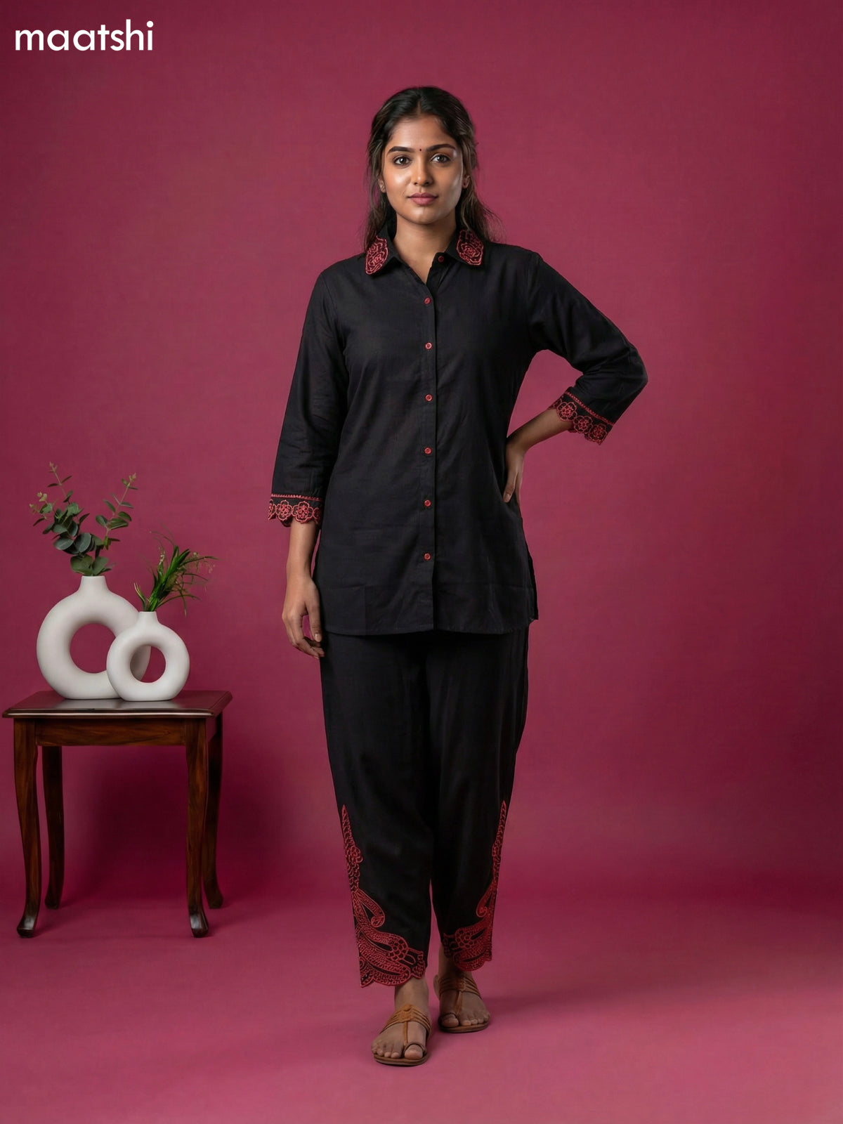 Black and Peach Shade Cotton Simple Embroidery Work Short Co-Ord Set