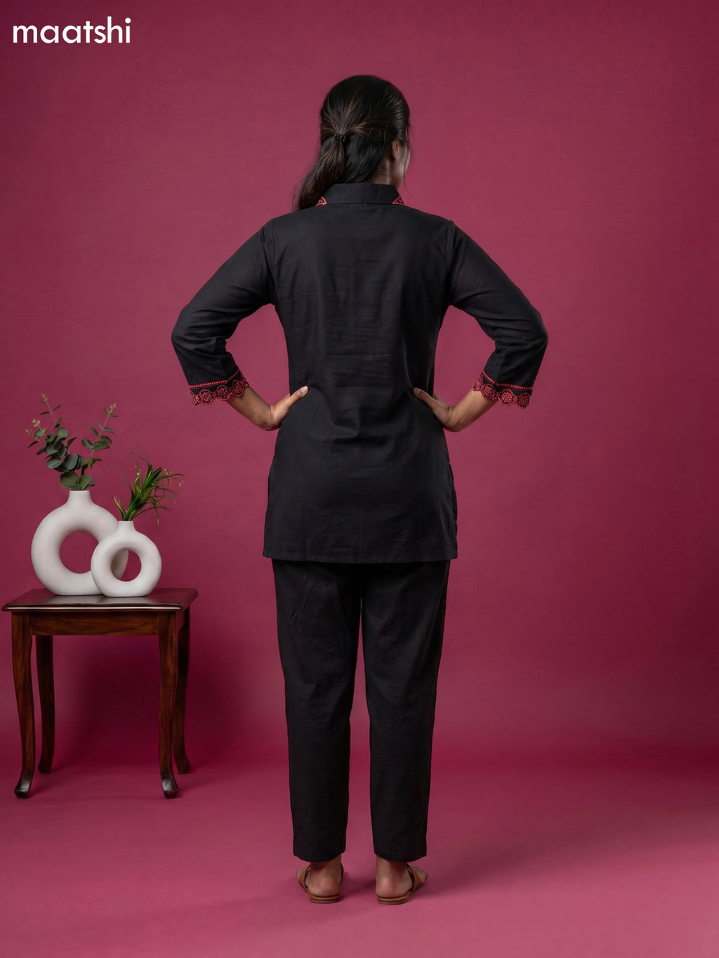 Black and Peach Shade Cotton Simple Embroidery Work Short Co-Ord Set