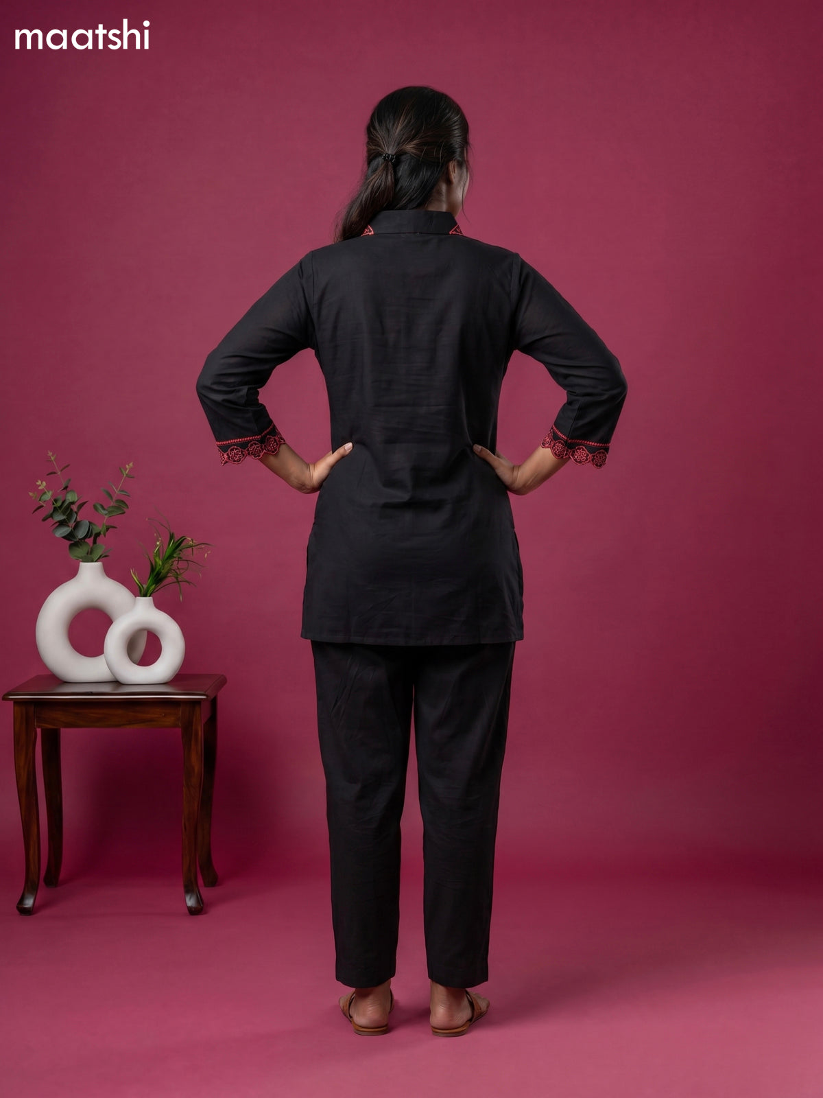 Black and Peach Shade Cotton Simple Embroidery Work Short Co-Ord Set