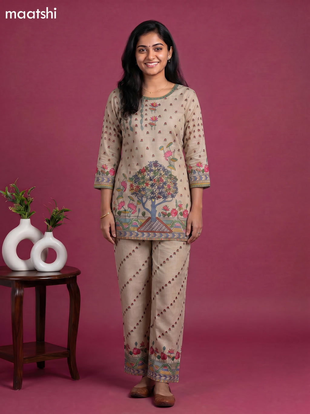 Beige and Multicolour Linen Cotton Floral Printed & Embroidery Work Short Co-Ord Set