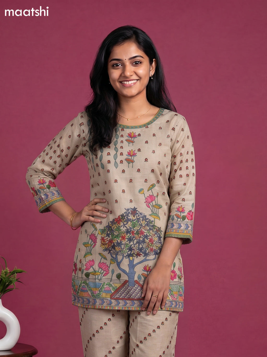 Beige and Multicolour Linen Cotton Floral Printed & Embroidery Work Short Co-Ord Set