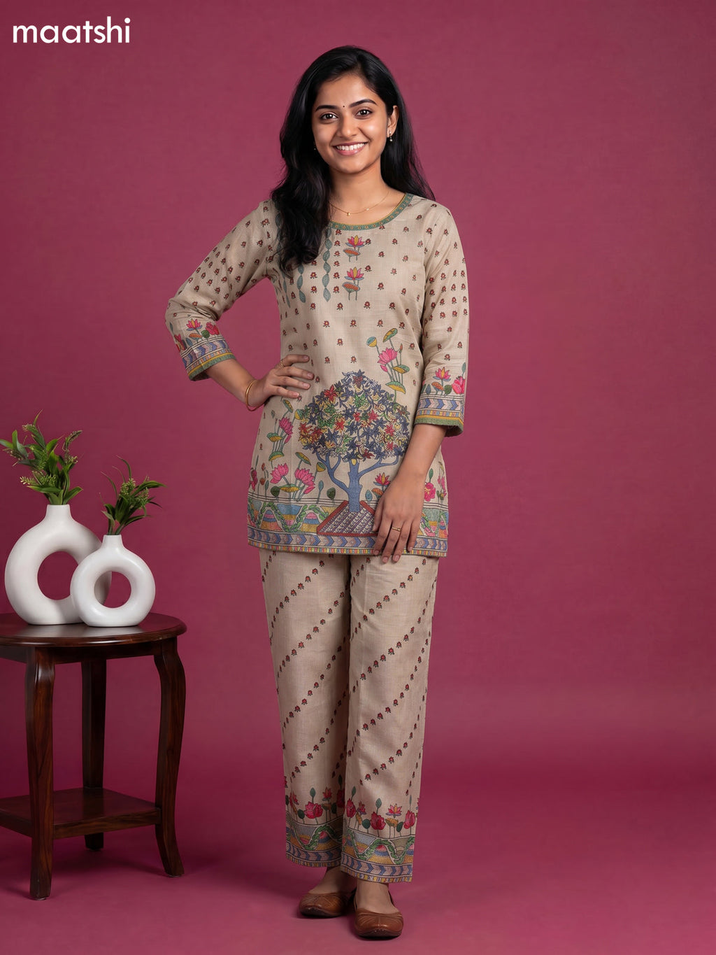 Beige and Multicolour Linen Cotton Floral Printed & Embroidery Work Short Co-Ord Set