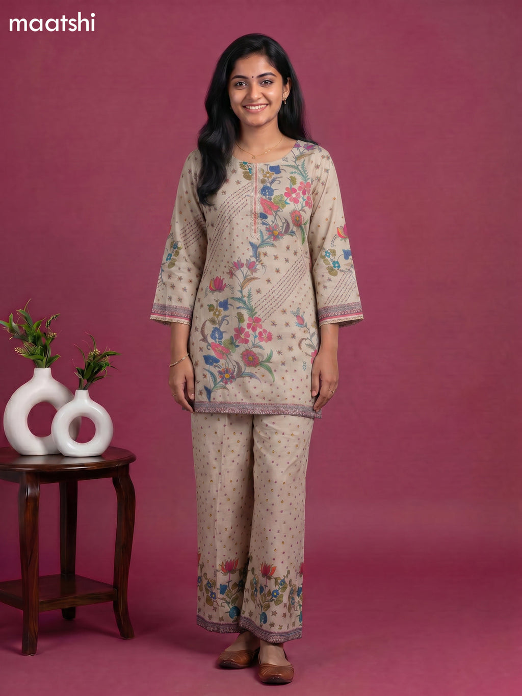 Beige and Multicolour Linen Cotton Floral Printed & Embroidery Work Short Co-Ord Set