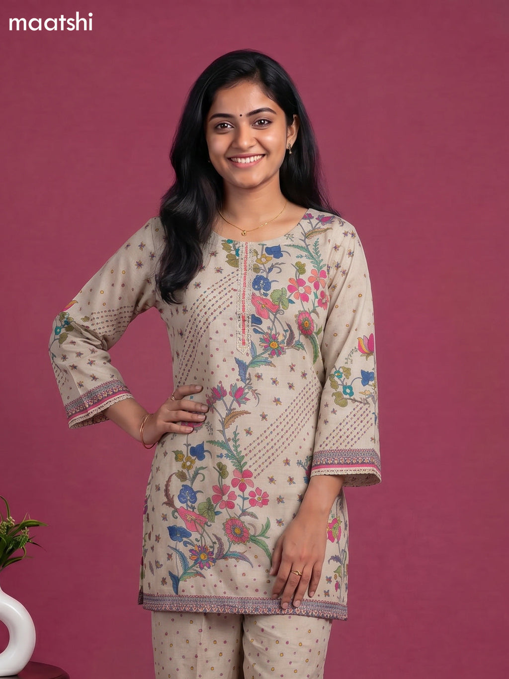Beige and Multicolour Linen Cotton Floral Printed & Embroidery Work Short Co-Ord Set