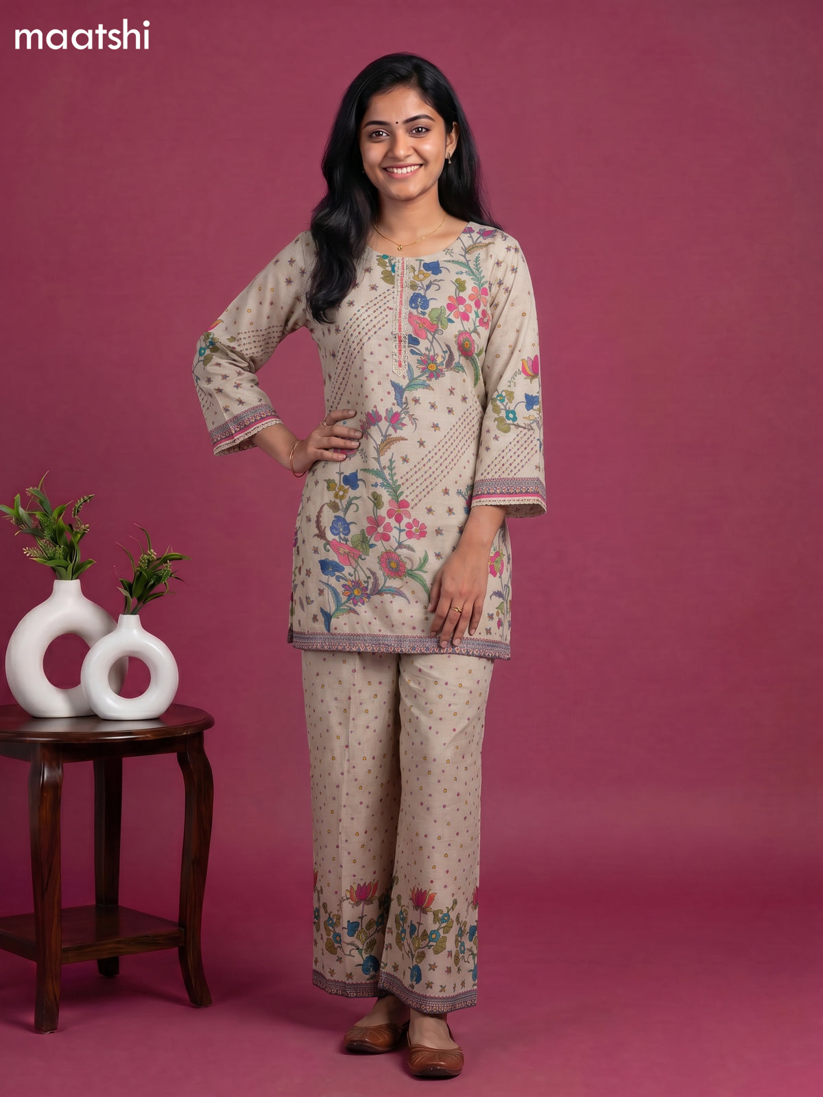 Beige and Multicolour Linen Cotton Floral Printed & Embroidery Work Short Co-Ord Set