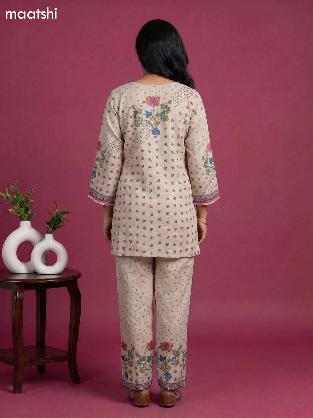 Beige and Multicolour Linen Cotton Floral Printed & Embroidery Work Short Co-Ord Set