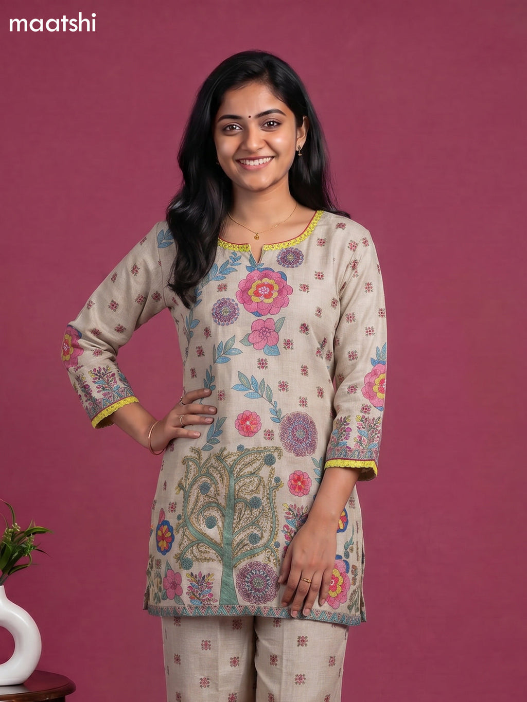 Beige and Multicolour Linen Cotton Floral Printed & Embroidery Work Short Co-Ord Set