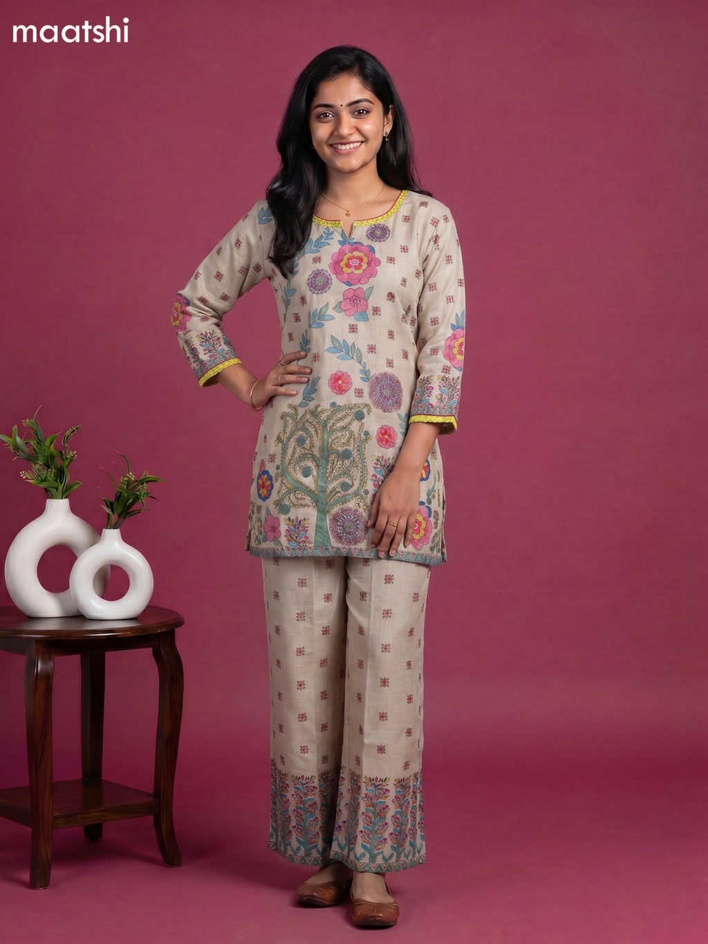 Beige and Multicolour Linen Cotton Floral Printed & Embroidery Work Short Co-Ord Set
