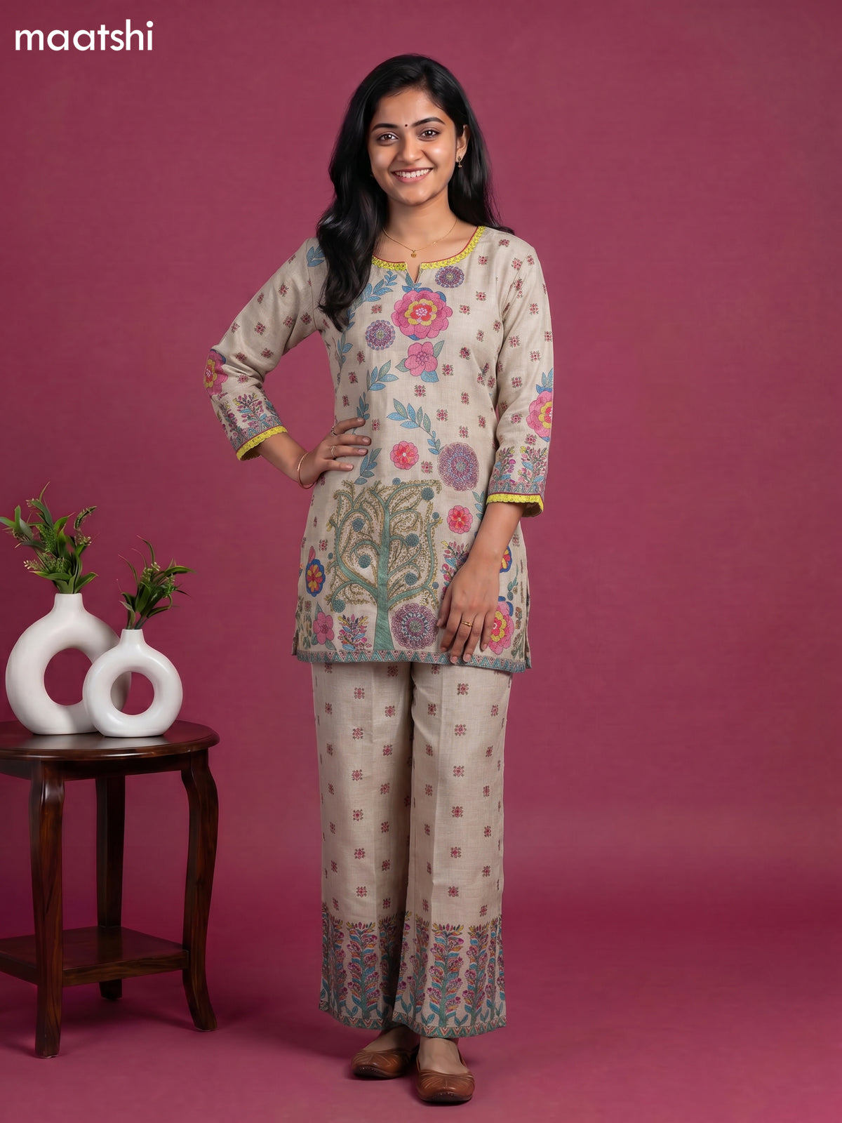 Beige and Multicolour Linen Cotton Floral Printed & Embroidery Work Short Co-Ord Set