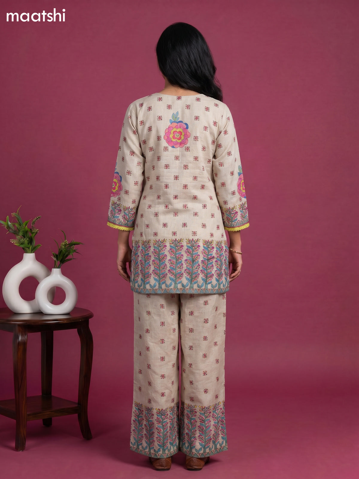Beige and Multicolour Linen Cotton Floral Printed & Embroidery Work Short Co-Ord Set