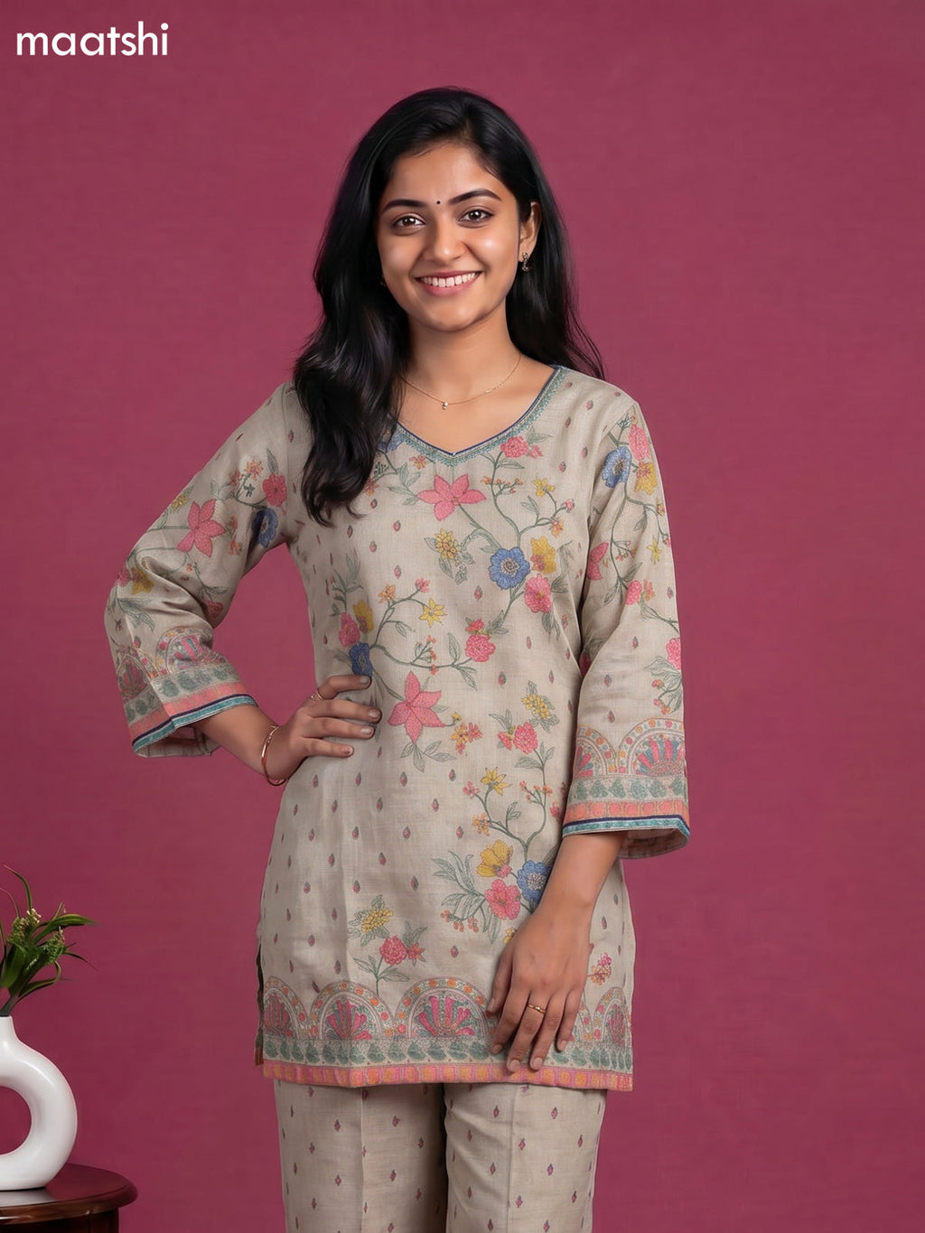 Beige and Multicolour Linen Cotton Floral Printed & Embroidery Work Short Co-Ord Set