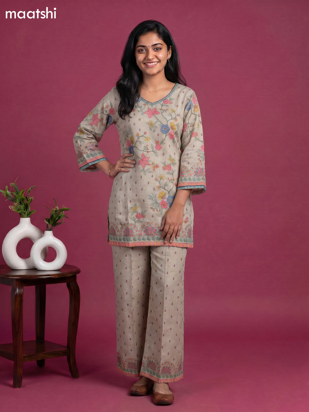 Beige and Multicolour Linen Cotton Floral Printed & Embroidery Work Short Co-Ord Set