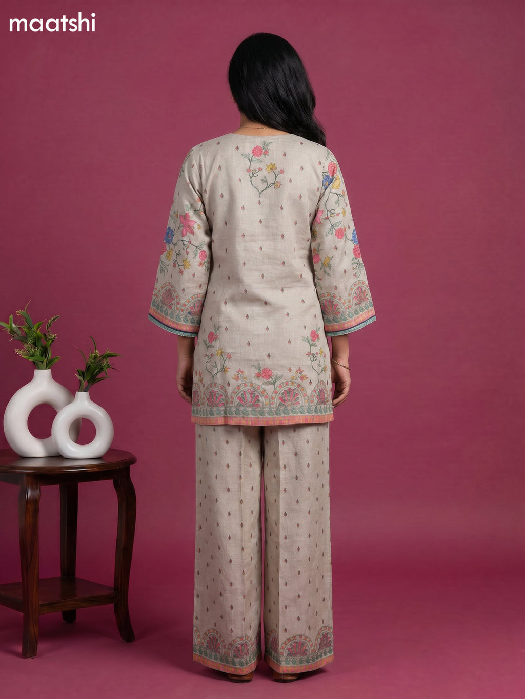 Beige and Multicolour Linen Cotton Floral Printed & Embroidery Work Short Co-Ord Set
