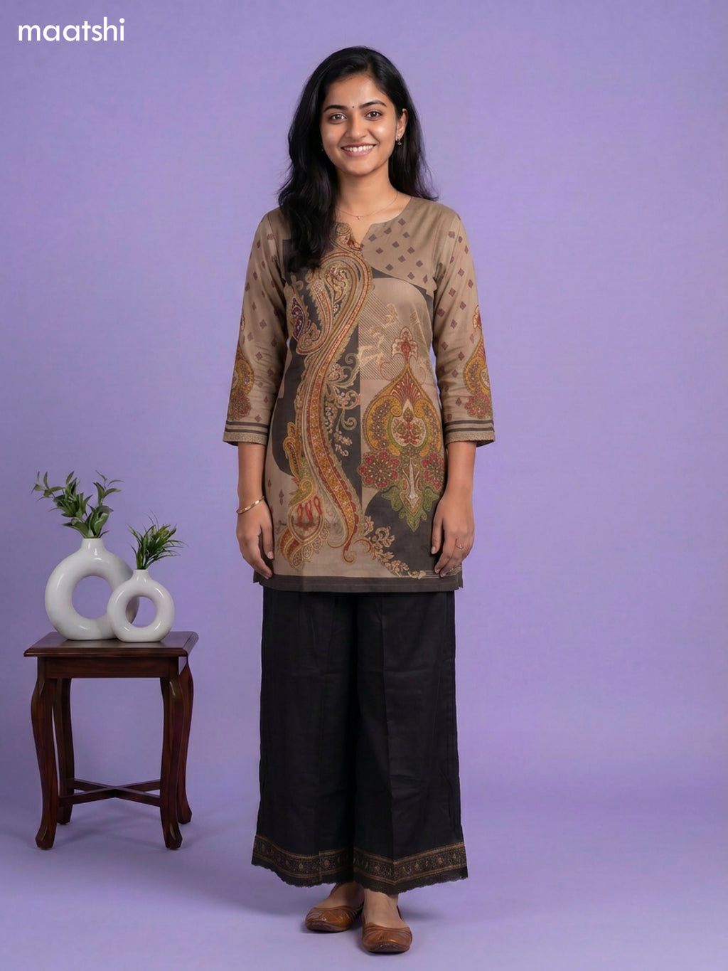 Beige and Black Tissue Printed Short Co-Ord Set