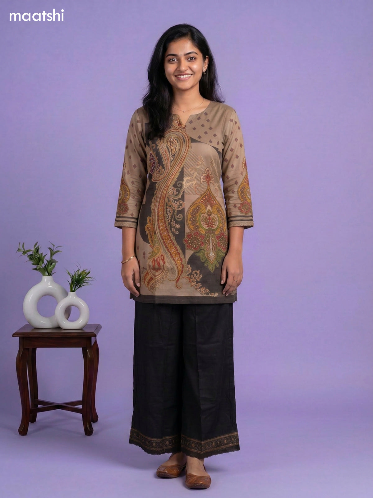 Beige and Black Tissue Printed Short Co-Ord Set