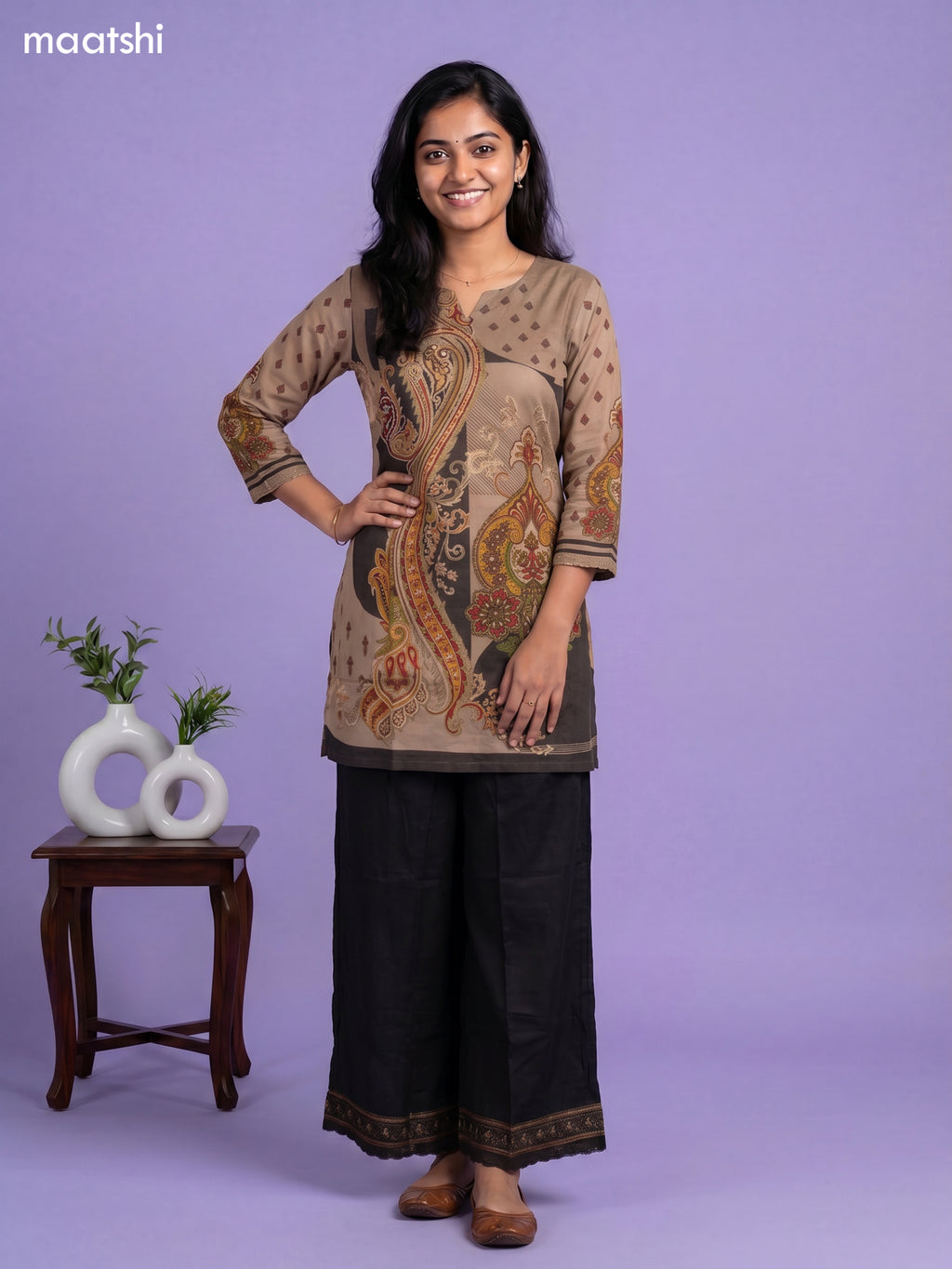 Beige and Black Tissue Printed Short Co-Ord Set
