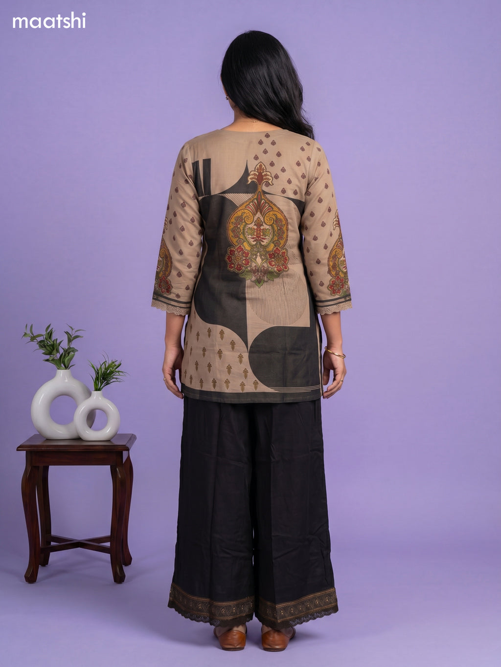 Beige and Black Tissue Printed Short Co-Ord Set