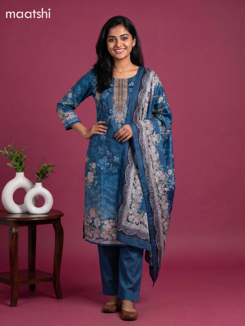 Blue Crepe Silk Floral Printed Straight Suit