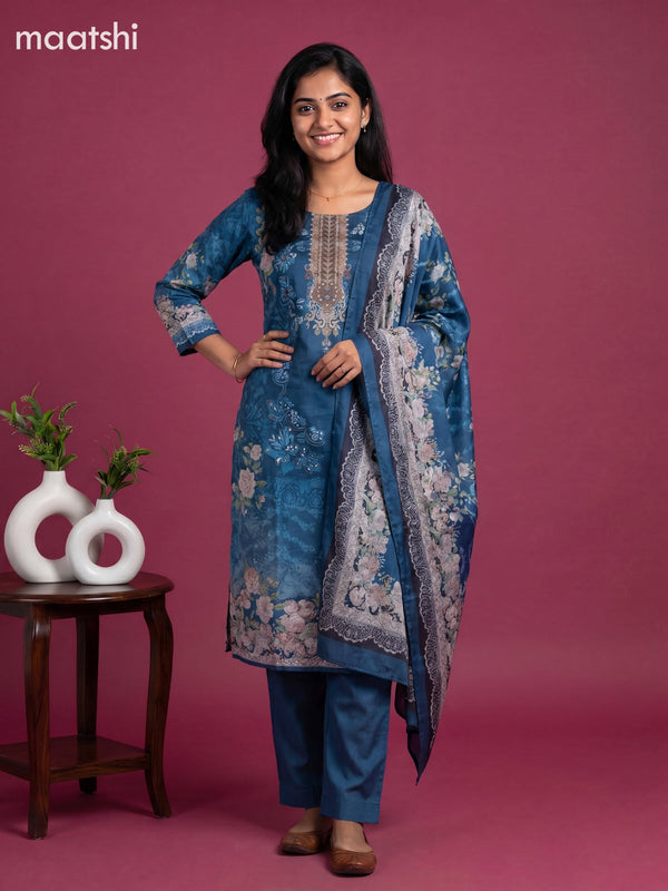 Blue Crepe Silk Floral Printed Straight Suit
