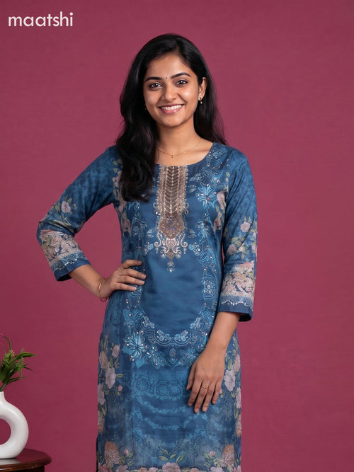 Blue Crepe Silk Floral Printed Straight Suit