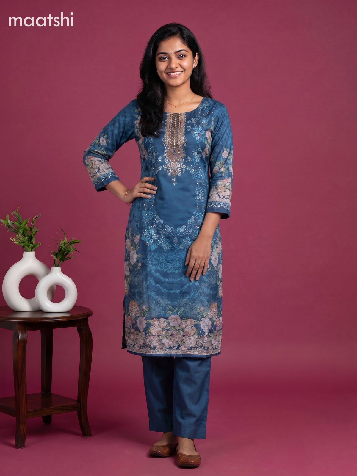 Blue Crepe Silk Floral Printed Straight Suit