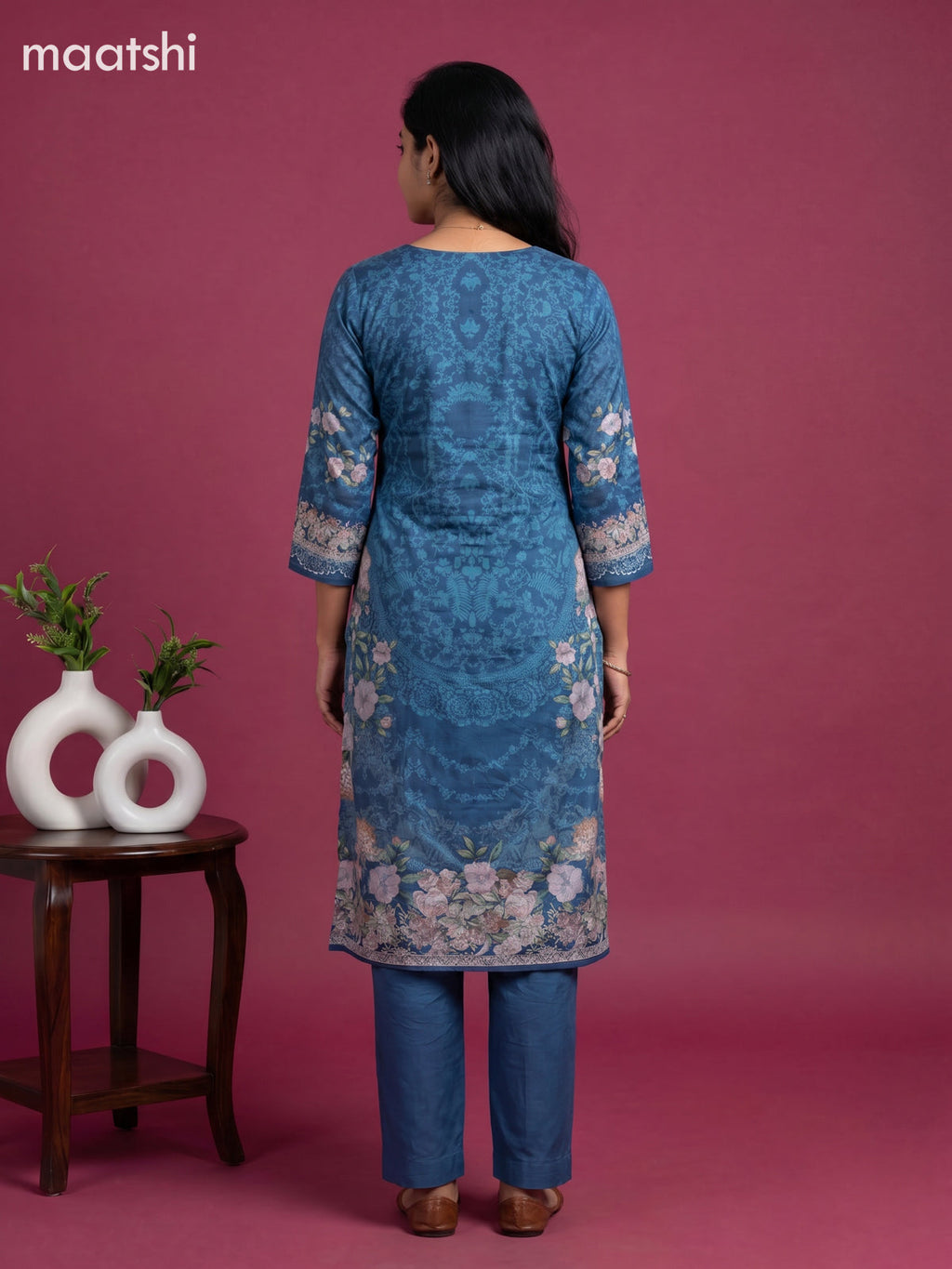 Blue Crepe Silk Floral Printed Straight Suit