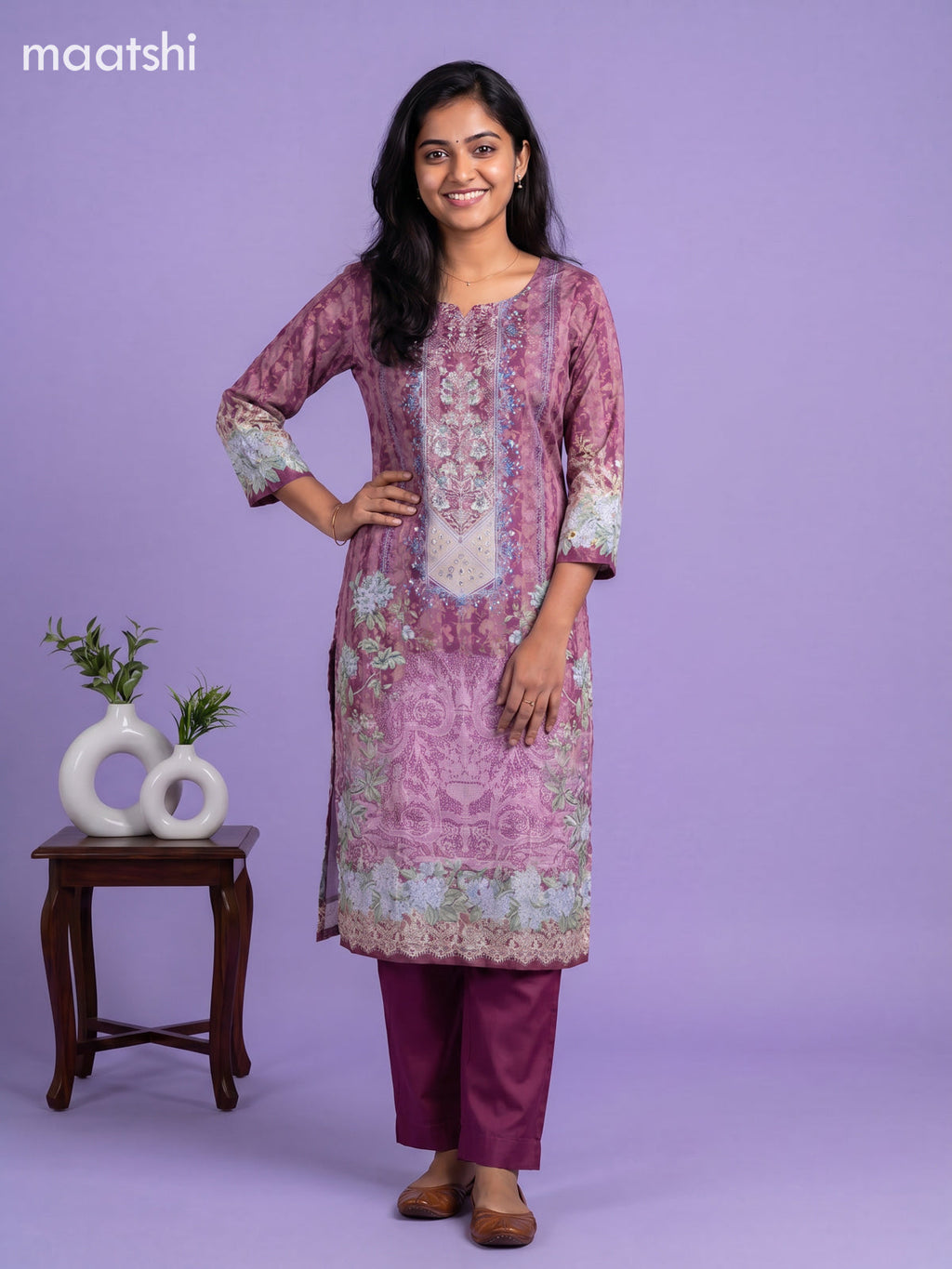 Purple Crepe Silk Floral Printed Straight Suit