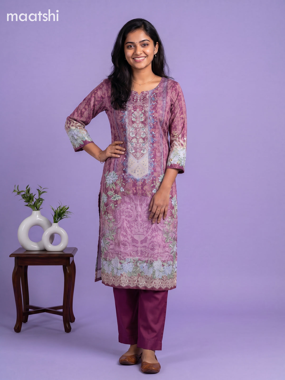 Purple Crepe Silk Floral Printed Straight Suit