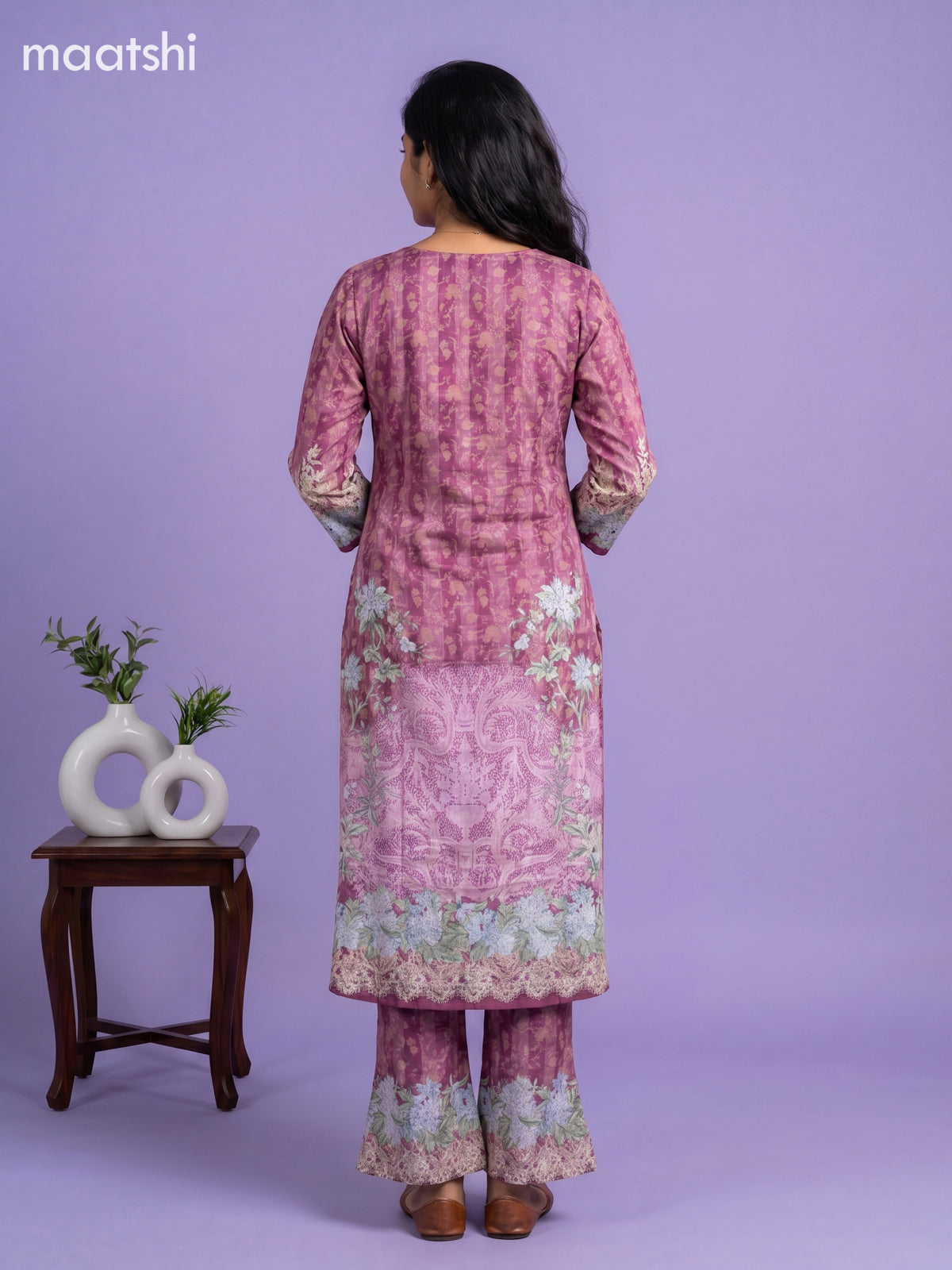 Purple Crepe Silk Floral Printed Straight Suit