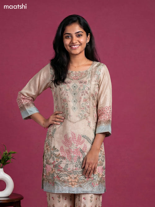 Beige Crepe Silk Floral Printed & Embroidery Work Short Co-Ord Set