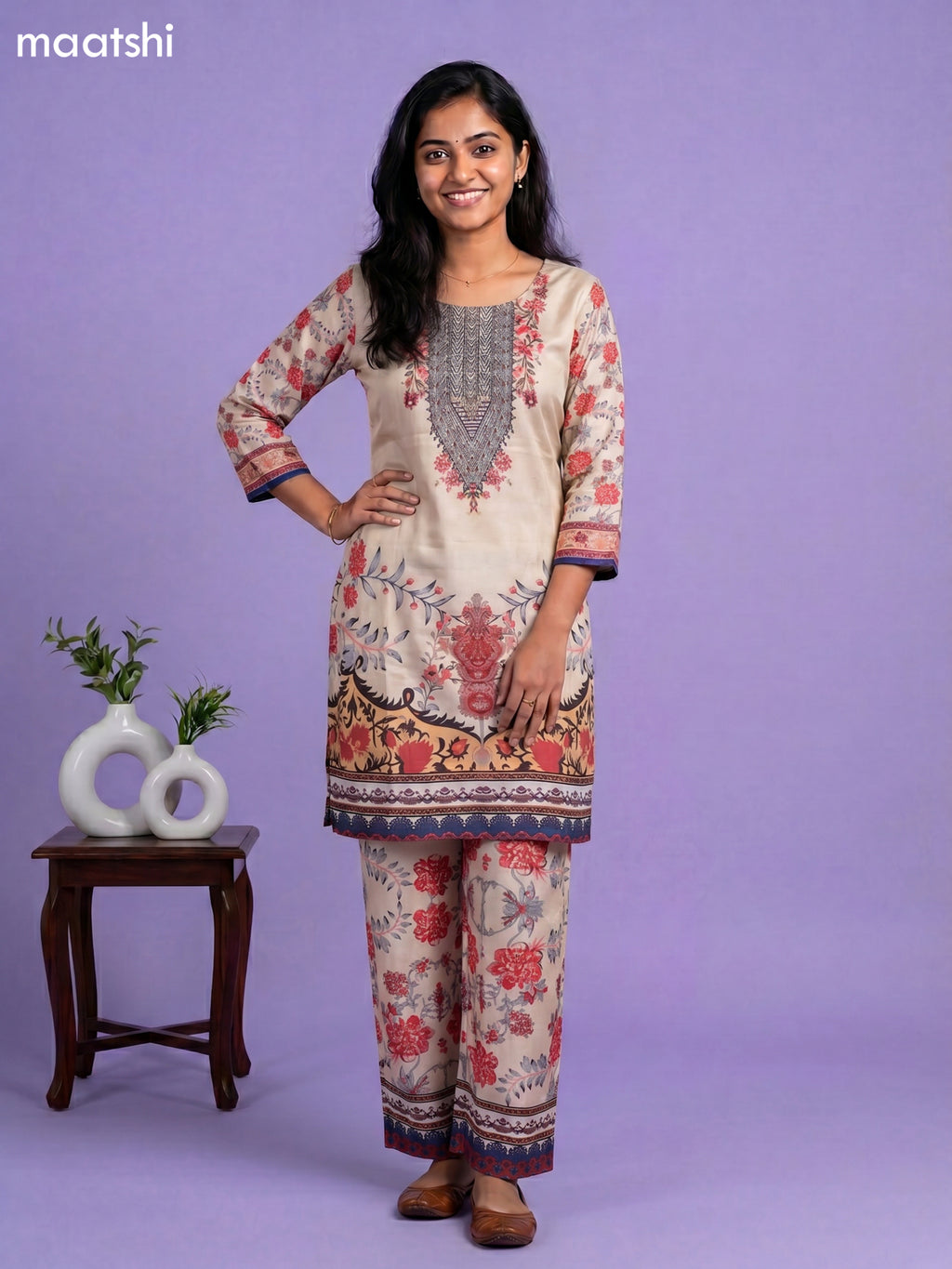 Beige Crepe Silk Floral Printed Short Co-Ord Set