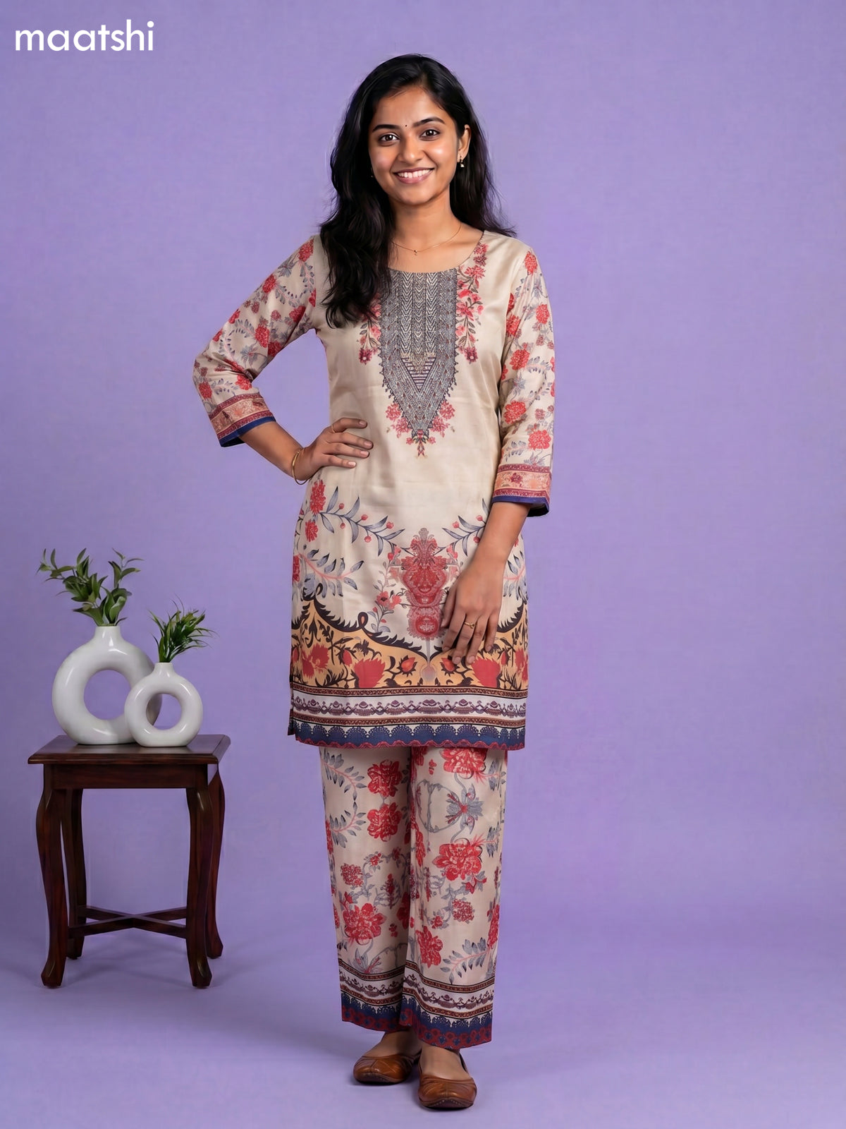 Beige Crepe Silk Floral Printed Short Co-Ord Set