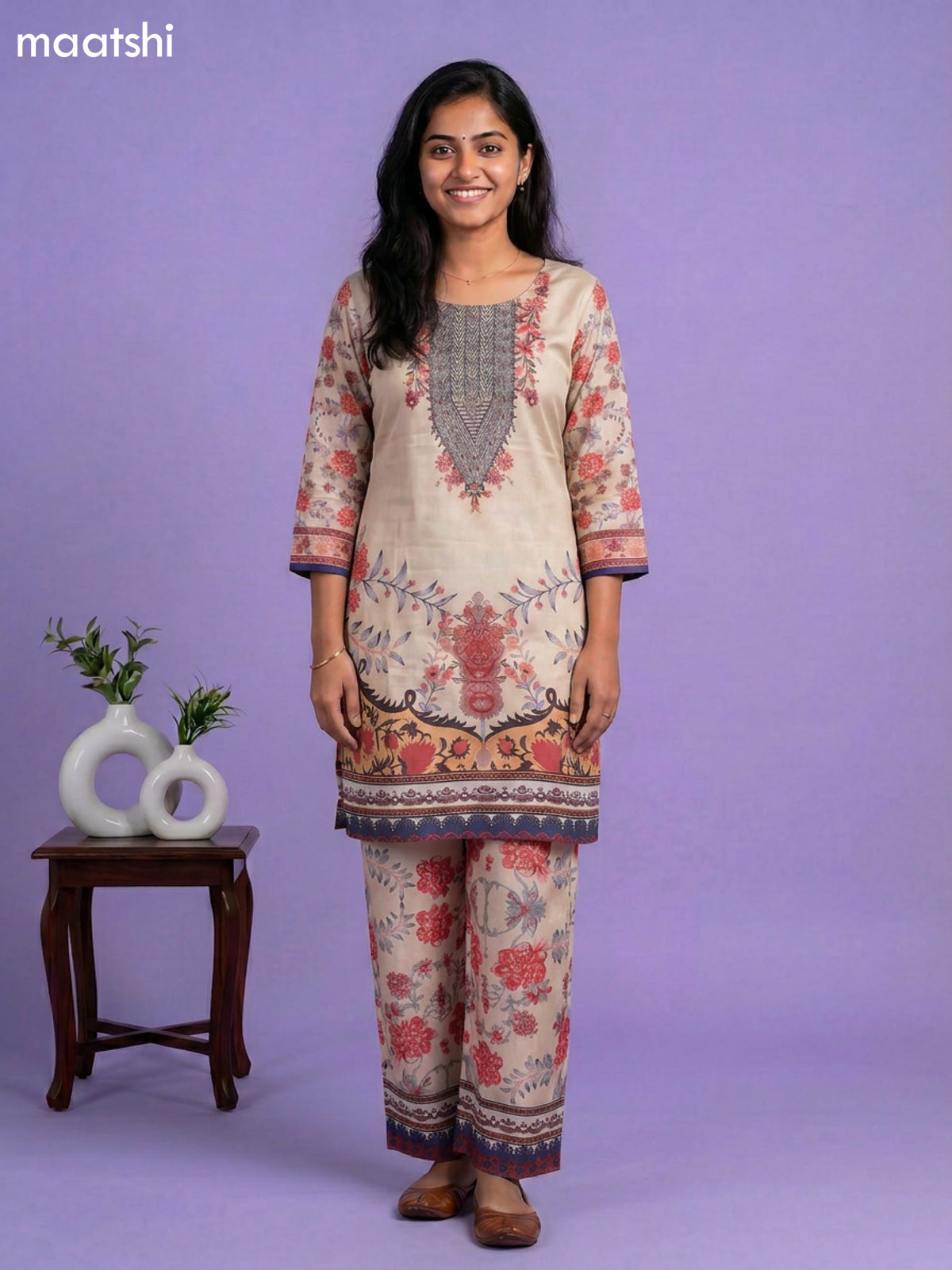 Beige Crepe Silk Floral Printed Short Co-Ord Set
