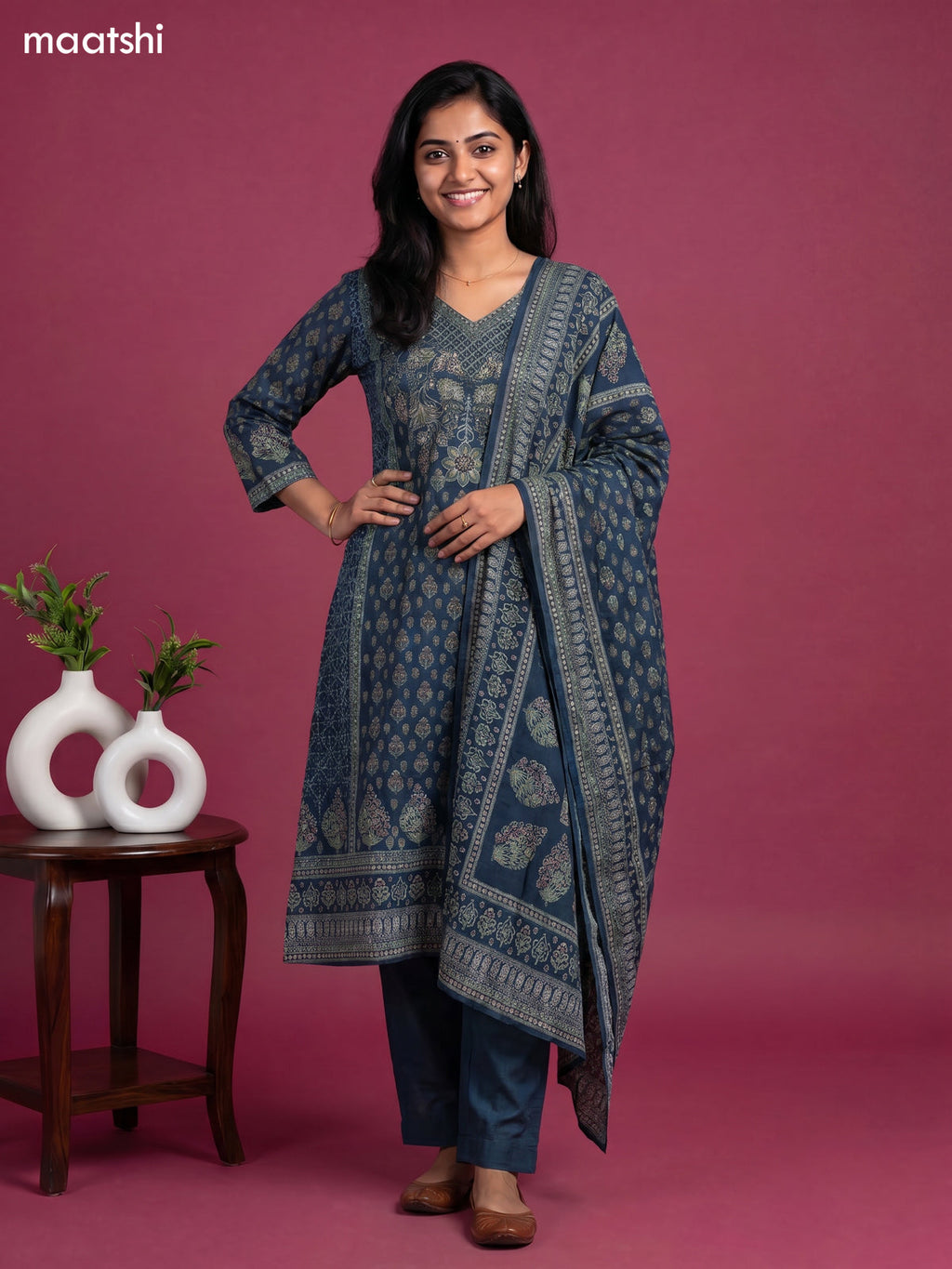 Peacock Blue Muslin Printed A-Line Suit