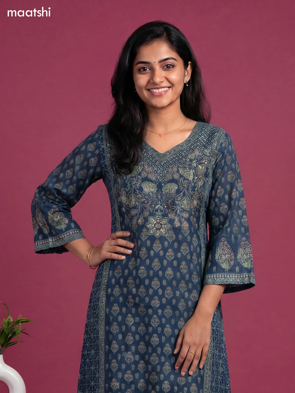 Peacock Blue Muslin Printed A-Line Suit
