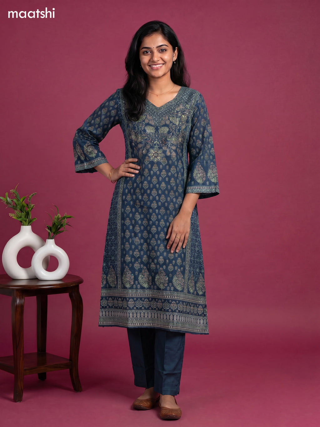 Peacock Blue Muslin Printed A-Line Suit