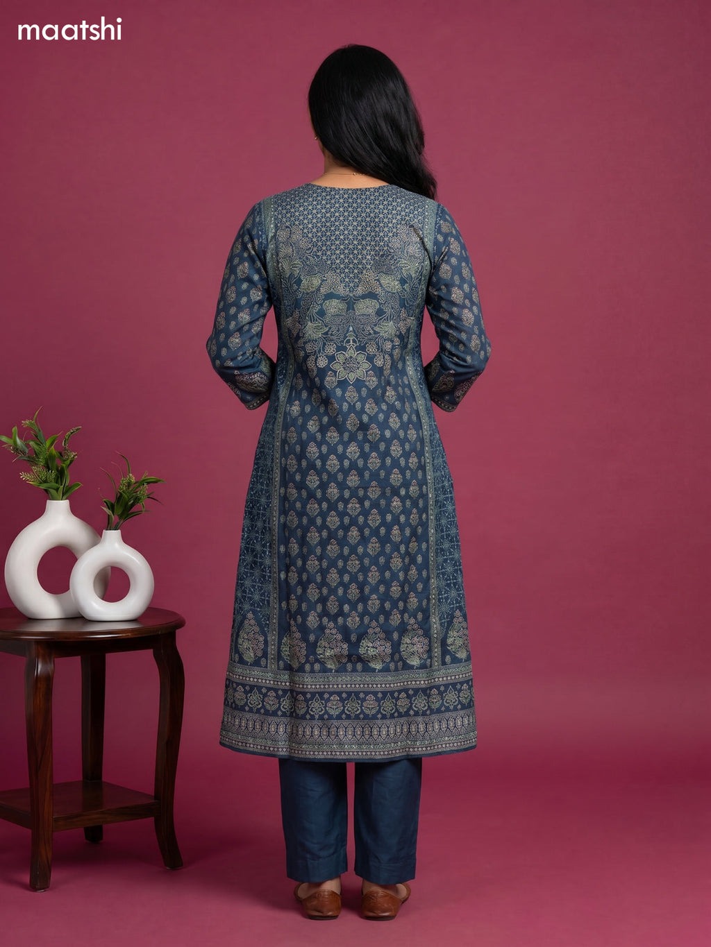 Peacock Blue Muslin Printed A-Line Suit