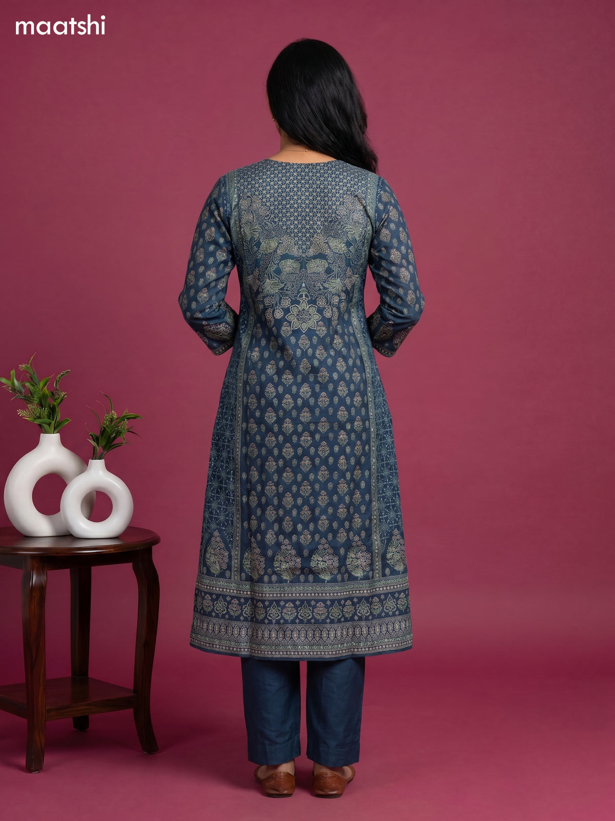 Peacock Blue Muslin Printed A-Line Suit