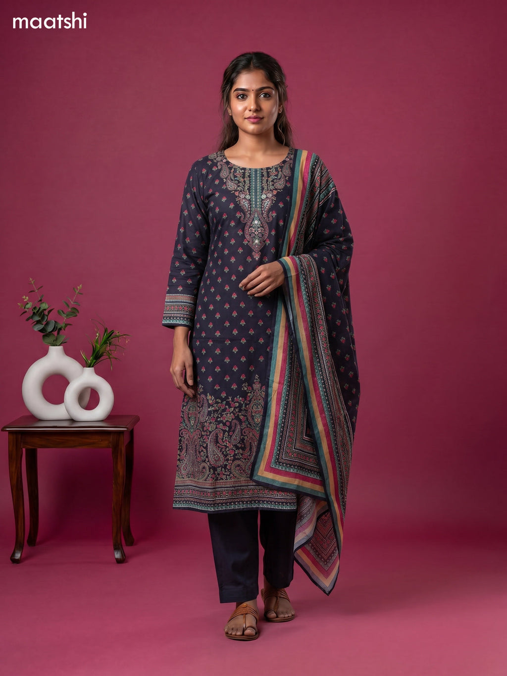 Black Muslin Printed & Embroidery Work A-Line Suit