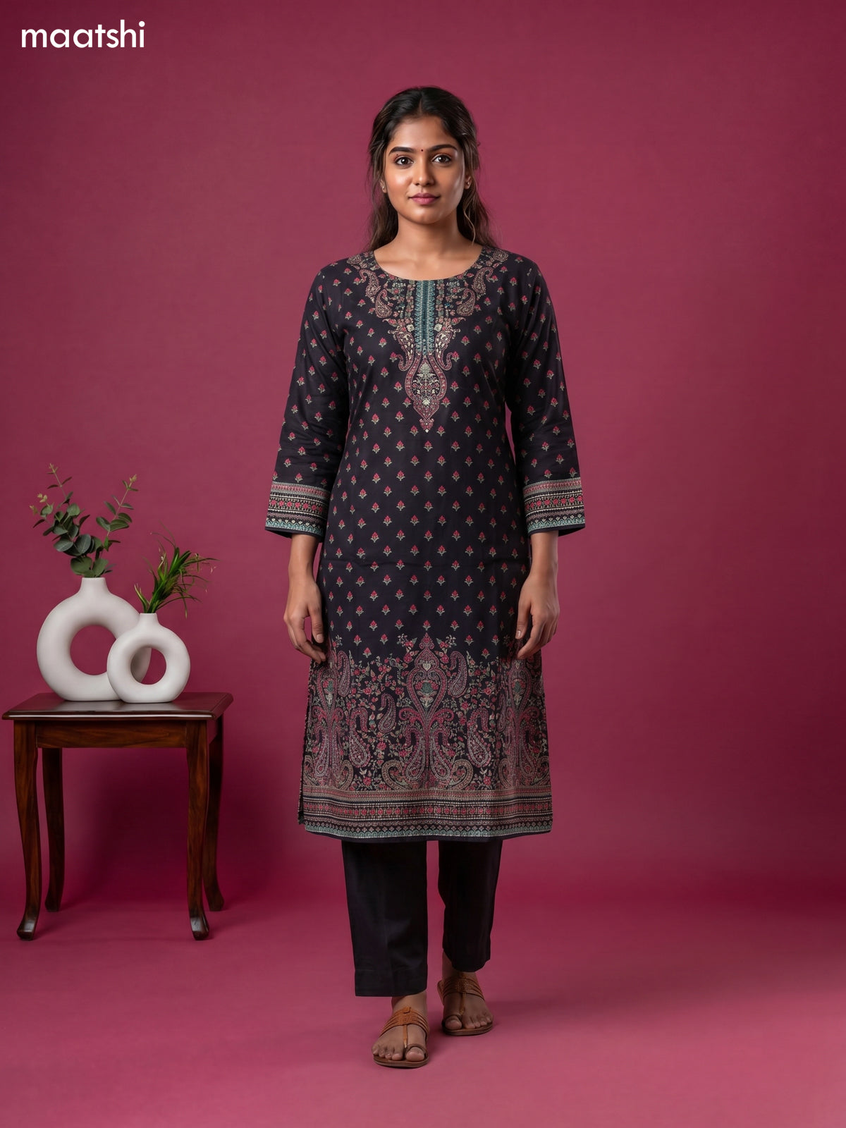 Black Muslin Printed & Embroidery Work A-Line Suit