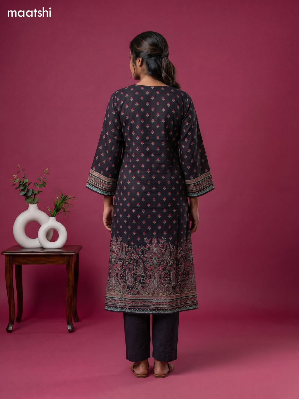 Black Muslin Printed & Embroidery Work A-Line Suit