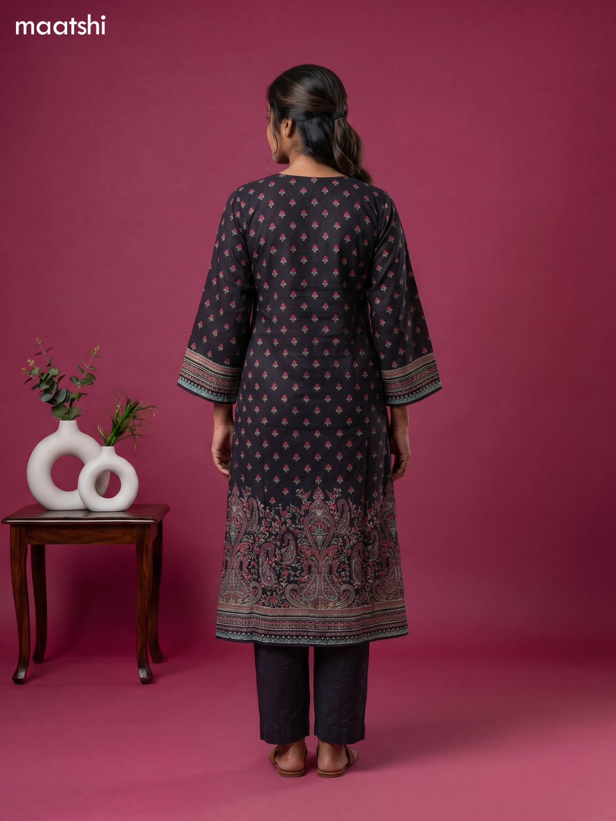 Black Muslin Printed & Embroidery Work A-Line Suit