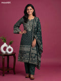 Green Muslin Printed A-Line Suit