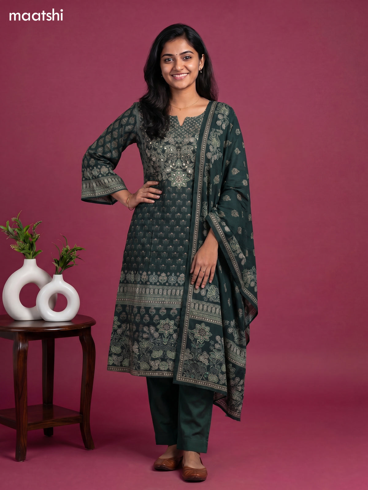 Green Muslin Printed A-Line Suit
