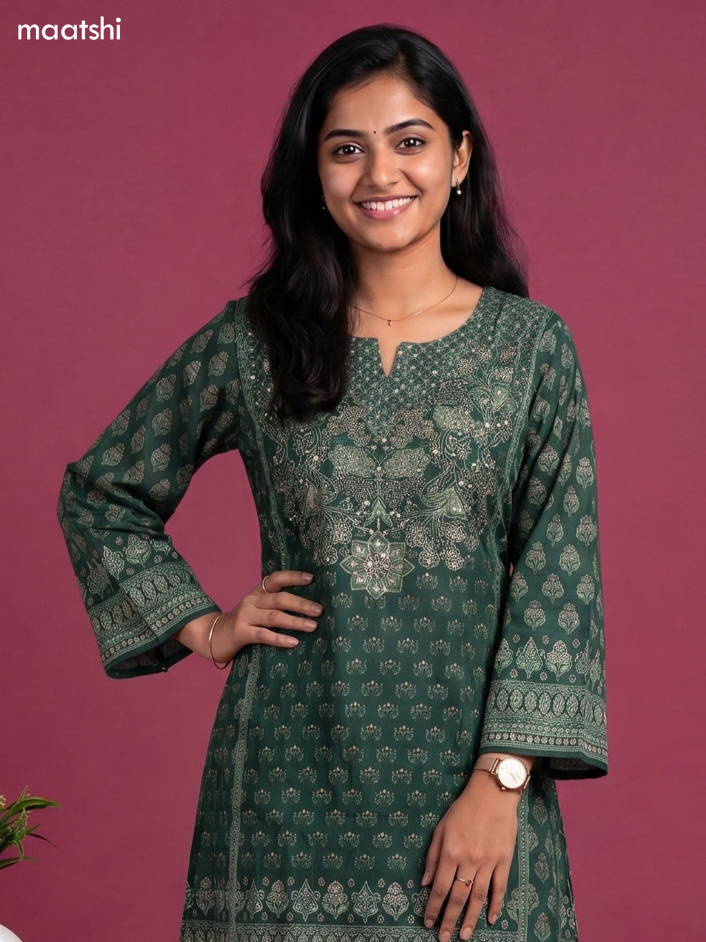 Green Muslin Printed A-Line Suit