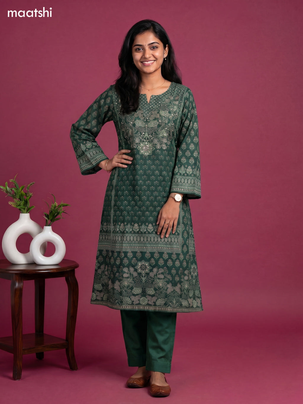 Green Muslin Printed A-Line Suit