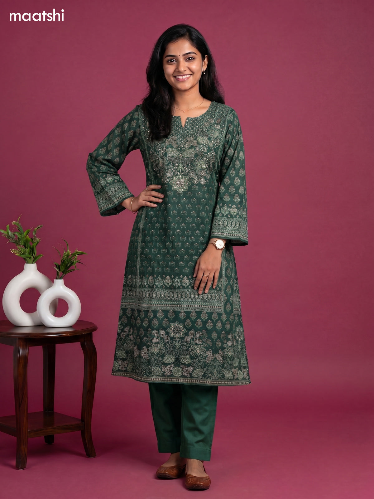 Green Muslin Printed A-Line Suit
