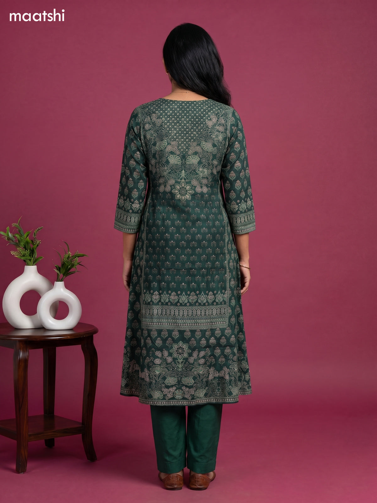 Green Muslin Printed A-Line Suit