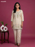 Cream Linen Cotton Printed &Embroidery Short Co-Ord Set